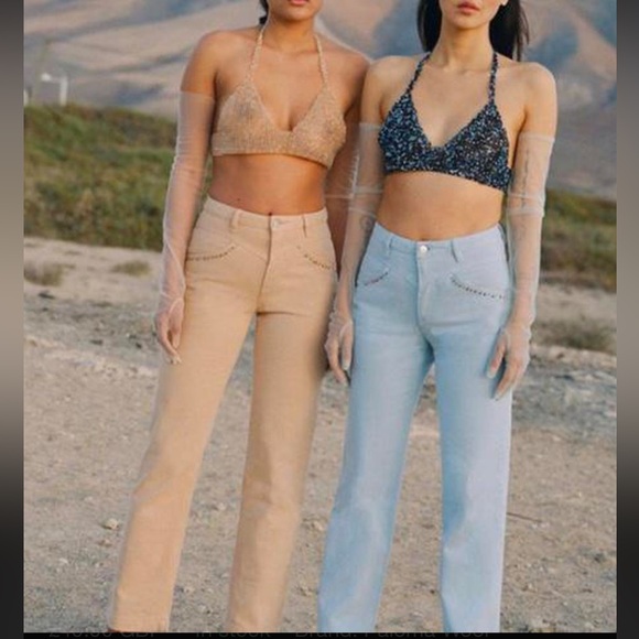 Paloma Wool Brenda Rhinestone Peach Tan Straight Leg Pants / Jeans - Picture 2 of 12